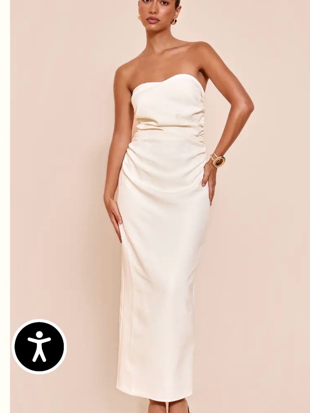 PrettyLittleThing Cream Strapless Ruched Midi Dress